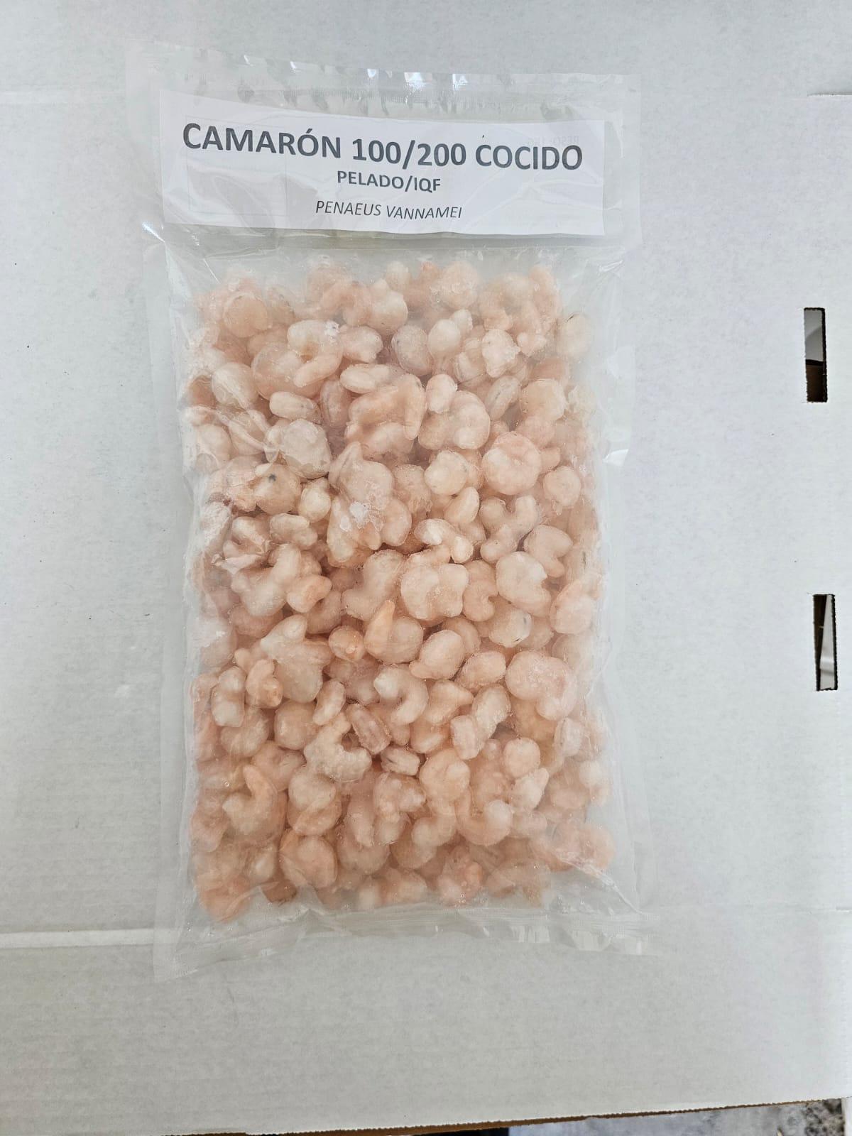 CAMARONES PELADOS COCIDOS CON VENA 100/200 CONGELADO IQF ASIATICO, bolsa 500gr