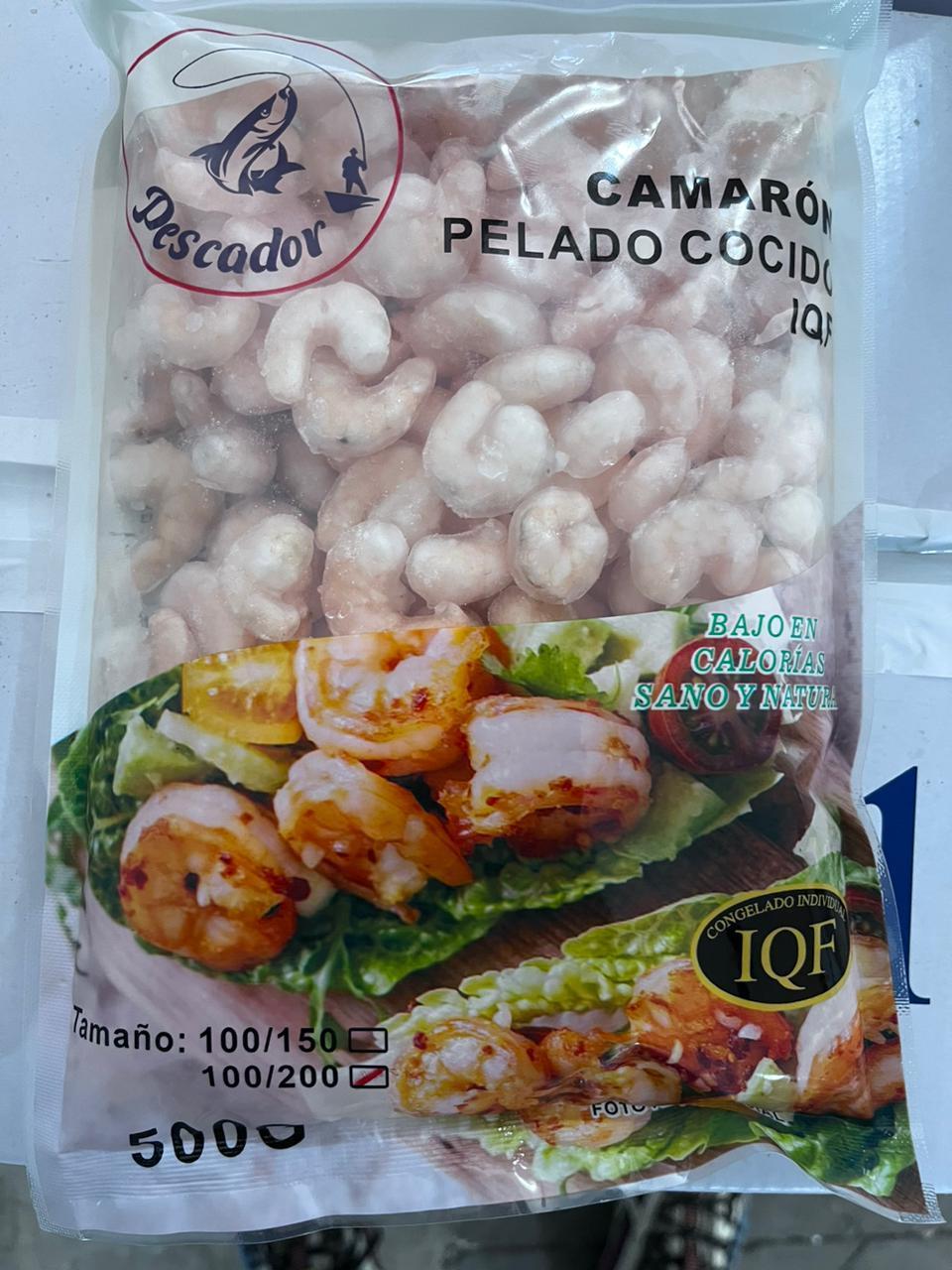 CAMARONES COCIDOS PELADOS CON VENA 100/200 CONGELADO IQF ASIATICO, bolsa 500gr PESCADOR