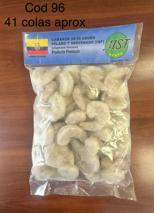 CAMARONES CRUDOS PELADOS DESVENADOS CALIBRE 26/30, 30% GLASEO, 10X1KG