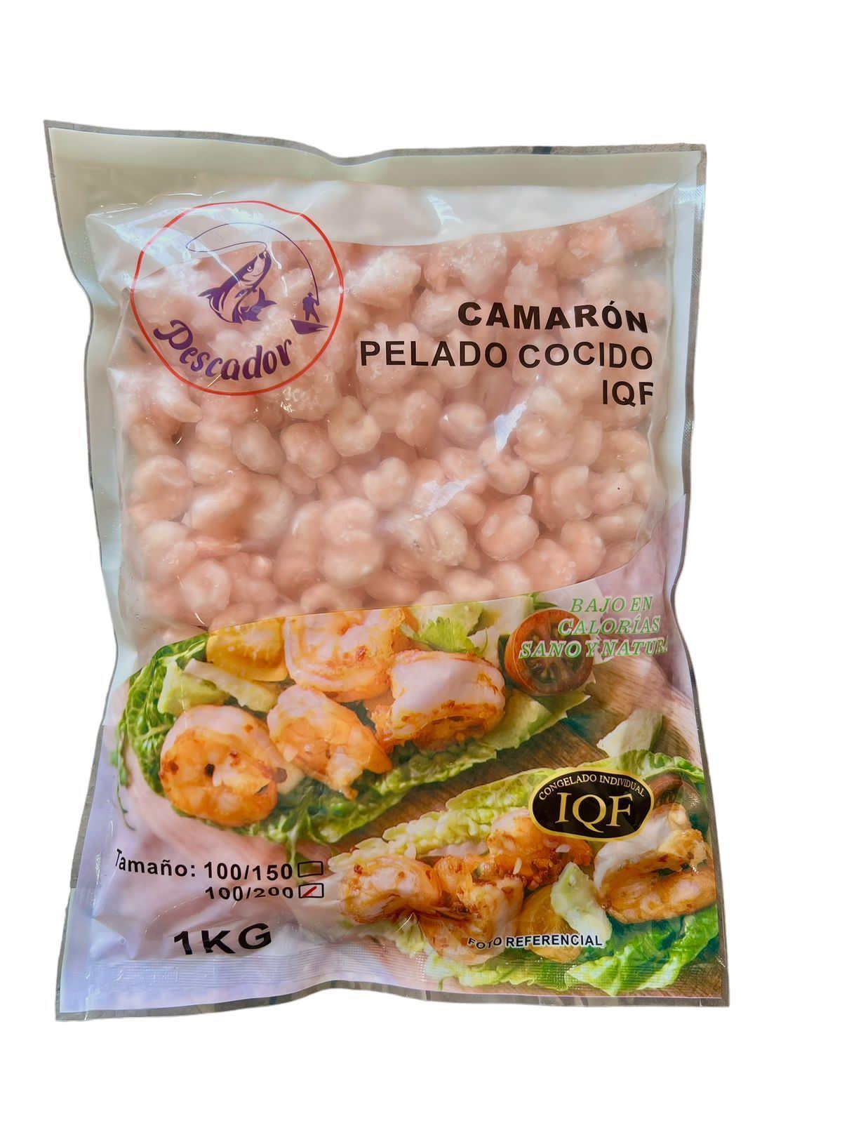 CAMARONES COCIDOS PELADOS CON VENA 100/200 CONGELADO IQF ASIATICO, bolsa 1kg PESCADOR