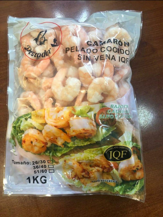 CAMARONES COCIDOS PELADOS DESVENADOS 26/30 CONGELADO IQF PESCADOR