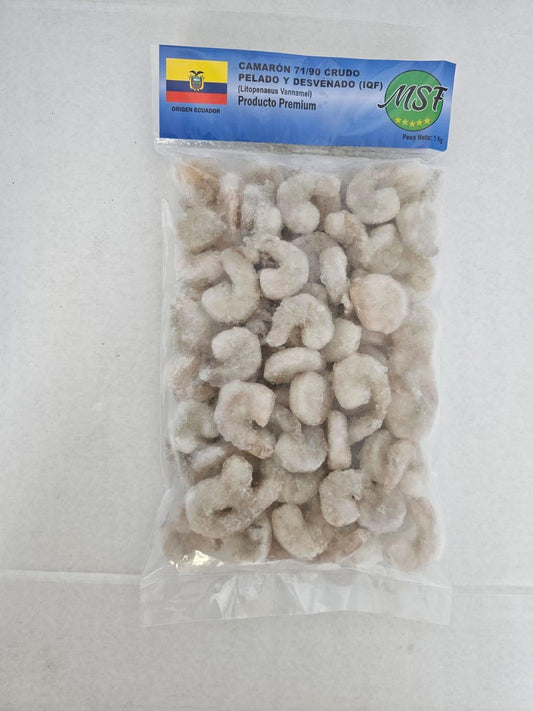 CAMARONES CRUDOS PELADOS DESVENADOS CALIBRE 71/90, 20% GLASEO, 10X1KG