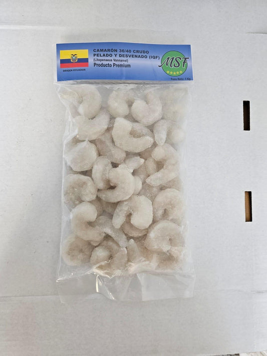 CAMARONES CRUDOS PELADOS DESVENADOS CALIBRE 36/40, 30% GLASEO, 10X1KG