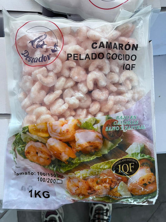 CAMARONES COCIDOS PELADOS CON VENA 100/150 CONGELADO IQF, bolsa 500gr PESCADOR