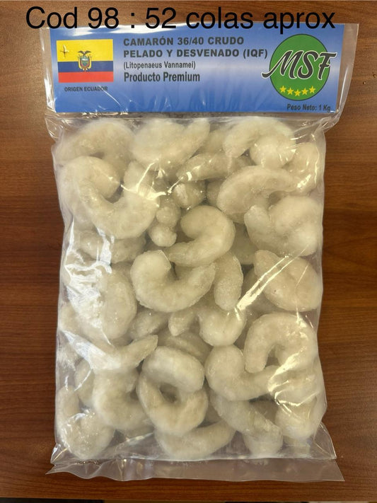 CAMARONES CRUDOS PELADOS DESVENADOS CALIBRE 36/40, 40% GLASEO, 10X1KG $7.604 Venta en caja de 10 kg